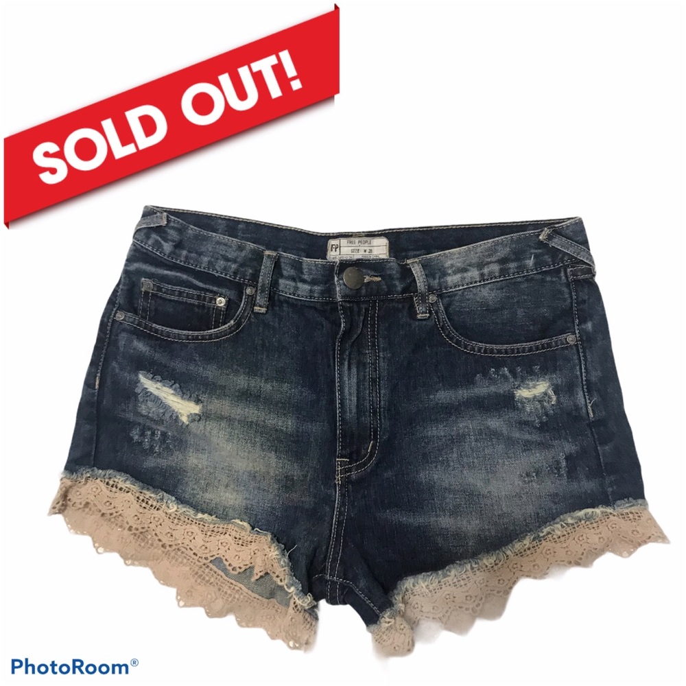 Free People Lace Hem Embroidery BOHO Jean Shorts